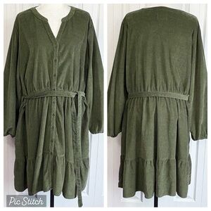 St. John's Bay Oregano Green Corduroy Long-Sleeve Tiered Shirtdress 2X